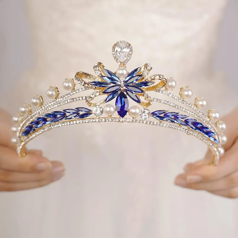 Baroque Pearl Tiara Blue Crystal Crown Elegant Rhinestone Headband Bridal Headpiece Princesss Queen Crown for Women Wedding Birthday Party Prom Pageant Gift(Blue)