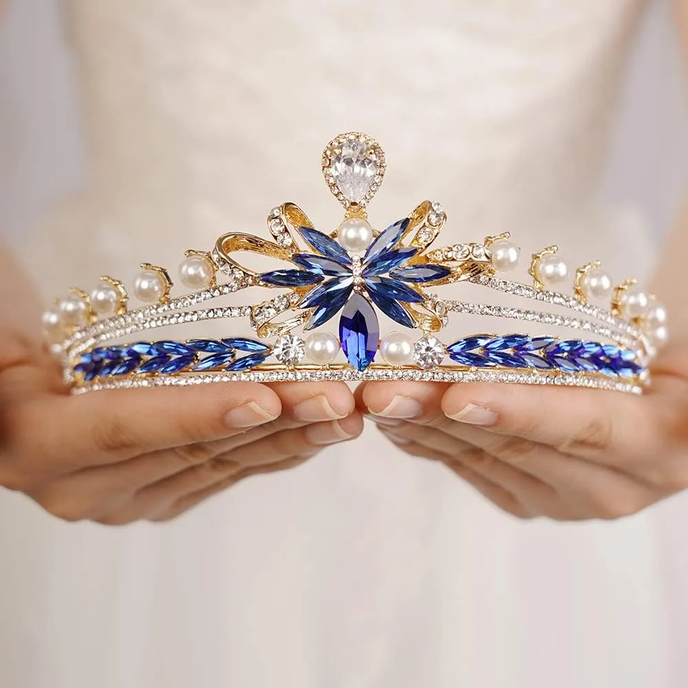 Baroque Pearl Tiara Blue Crystal Crown Elegant Rhinestone Headband Bridal Headpiece Princesss Queen Crown for Women Wedding Birthday Party Prom Pageant Gift(Blue)