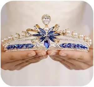 Baroque Pearl Tiara Blue Crystal Crown Elegant Rhinestone Headband Bridal Headpiece Princesss Queen Crown for Women Wedding Birthday Party Prom Pageant Gift(Blue)