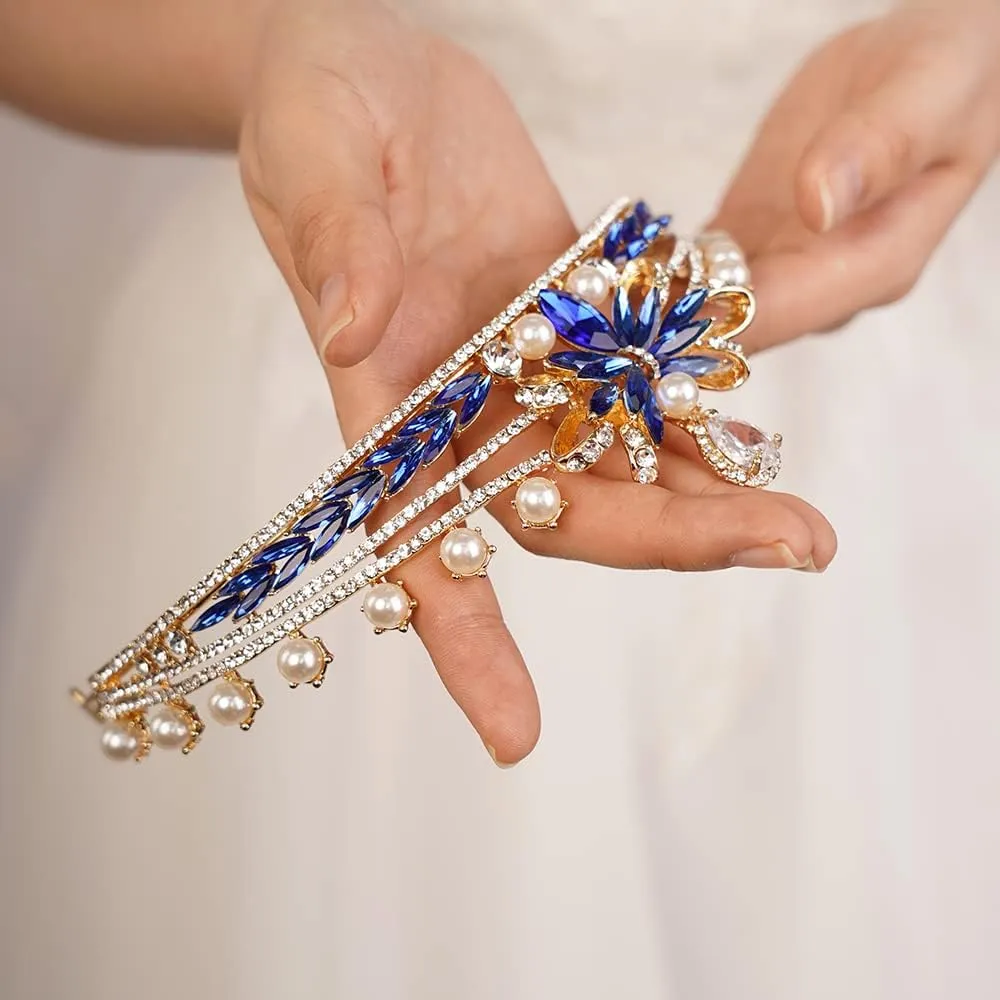 Baroque Pearl Tiara Blue Crystal Crown Elegant Rhinestone Headband Bridal Headpiece Princesss Queen Crown for Women Wedding Birthday Party Prom Pageant Gift(Blue)