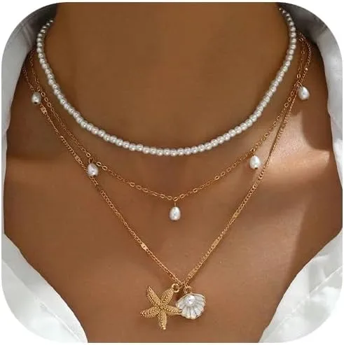 Beach Jewelry for Women Shell & Starfish Layered Necklace, Summer Seashell Pearl Puka Shell Beach Necklace Jewelry Gift for Her