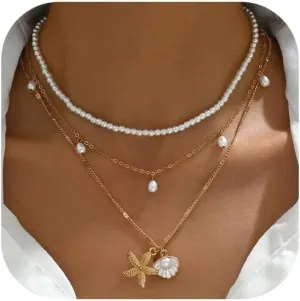 Beach Jewelry for Women Shell & Starfish Layered Necklace, Summer Seashell Pearl Puka Shell Beach Necklace Jewelry Gift for Her