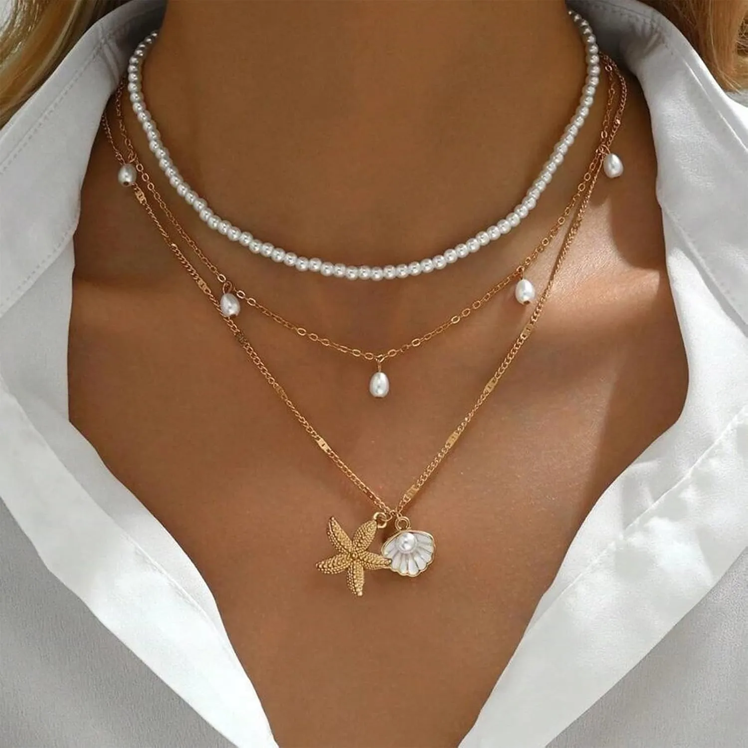 Beach Jewelry for Women Shell & Starfish Layered Necklace, Summer Seashell Pearl Puka Shell Beach Necklace Jewelry Gift for Her