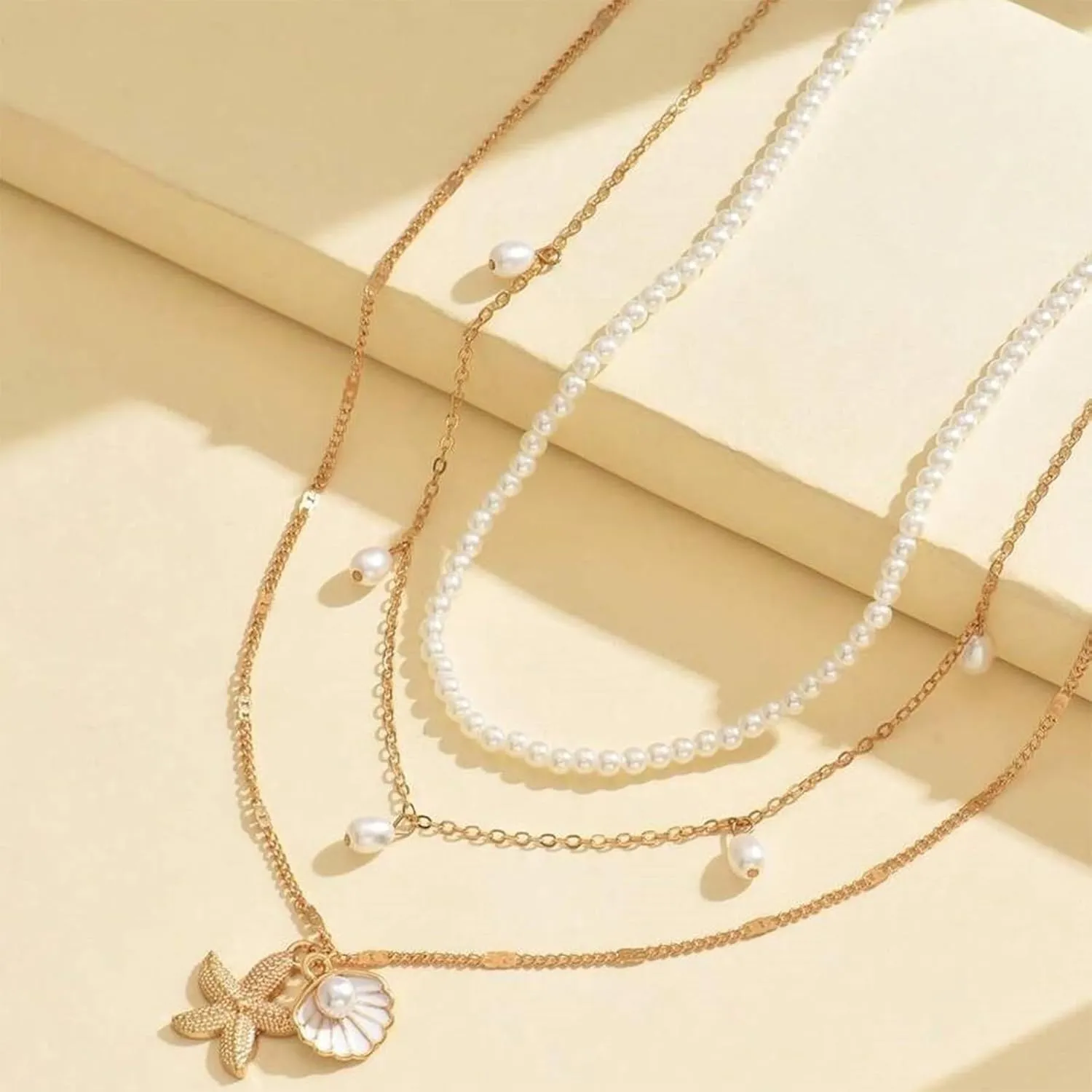 Beach Jewelry for Women Shell & Starfish Layered Necklace, Summer Seashell Pearl Puka Shell Beach Necklace Jewelry Gift for Her