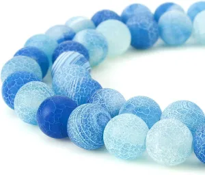BEADNOVA 8mm Blue Frosted Agate Unpolished Cracked Matte Gemstone Gem Strand Round Loose Beads for Jewelry Making
