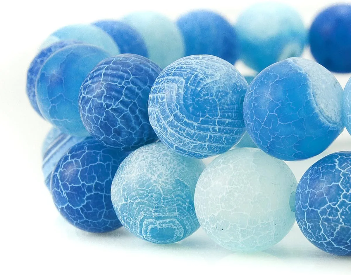 BEADNOVA 8mm Blue Frosted Agate Unpolished Cracked Matte Gemstone Gem Strand Round Loose Beads for Jewelry Making