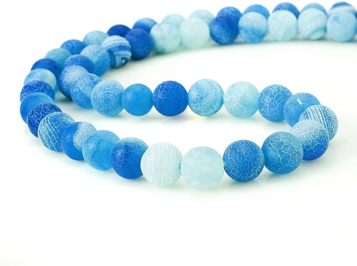 BEADNOVA 8mm Blue Frosted Agate Unpolished Cracked Matte Gemstone Gem Strand Round Loose Beads for Jewelry Making