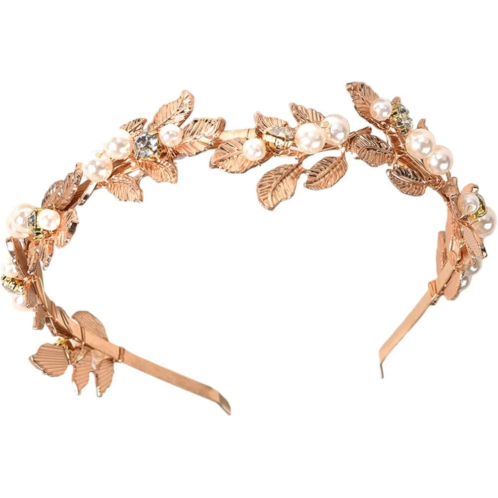 Beaupretty Pearls Leaf Headband Rhinestones Bridal Headpiece Jewelry Roman Goddess Hair Accessories for Bride Gold