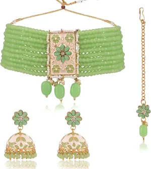 Beautiful Pearl Choker Necklace Set with Earrings and Maang Tikka Perfect for Women, Ideal for Wedding and Special Occasions (Light Green)