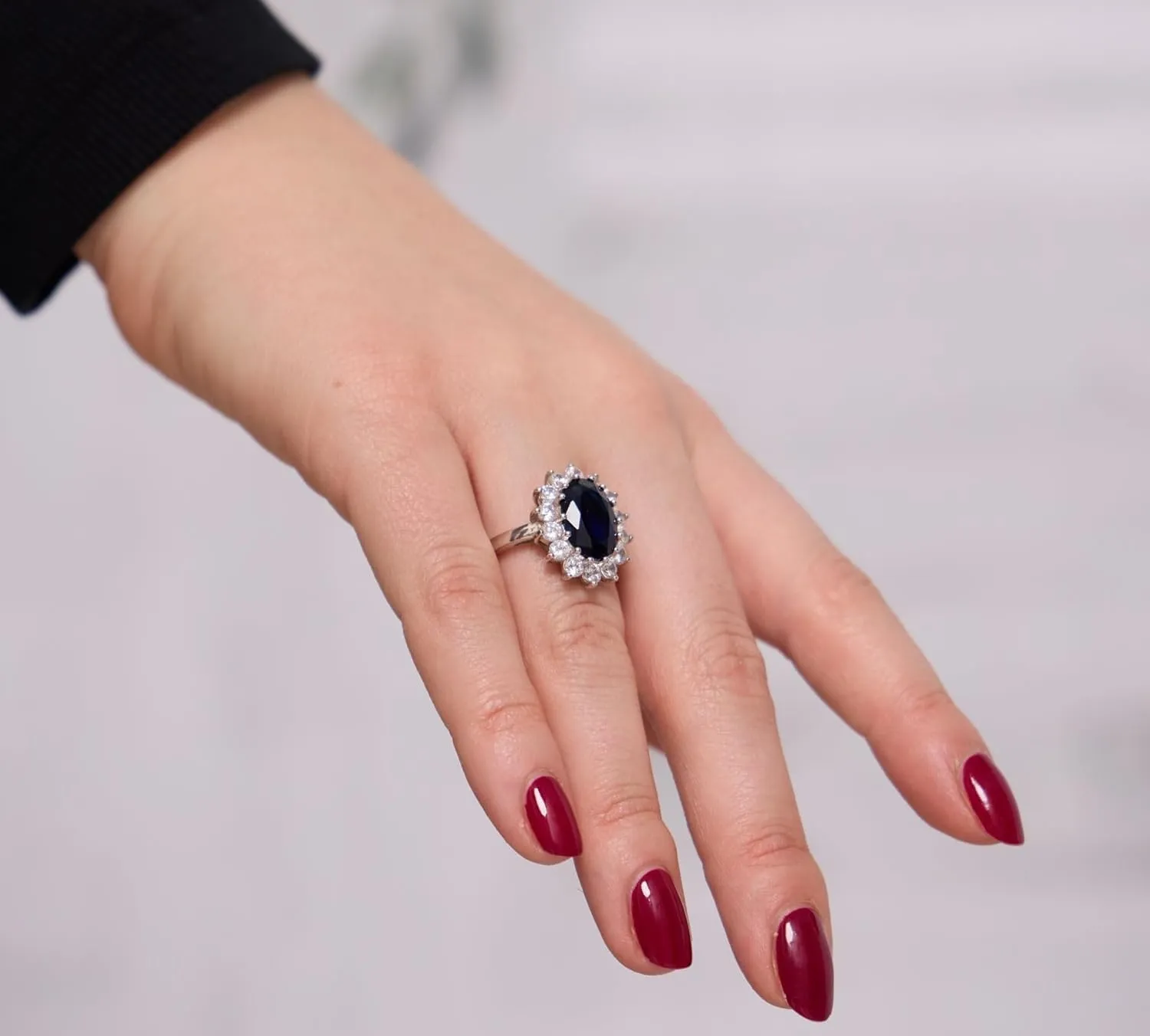 Beaux Bijoux Sterling Silver Large Oval Created Blue Sapphire and Clear Cubic Zirconia Statement Bridal Engagement Princess Diana/Kate Middleton Royal Ring