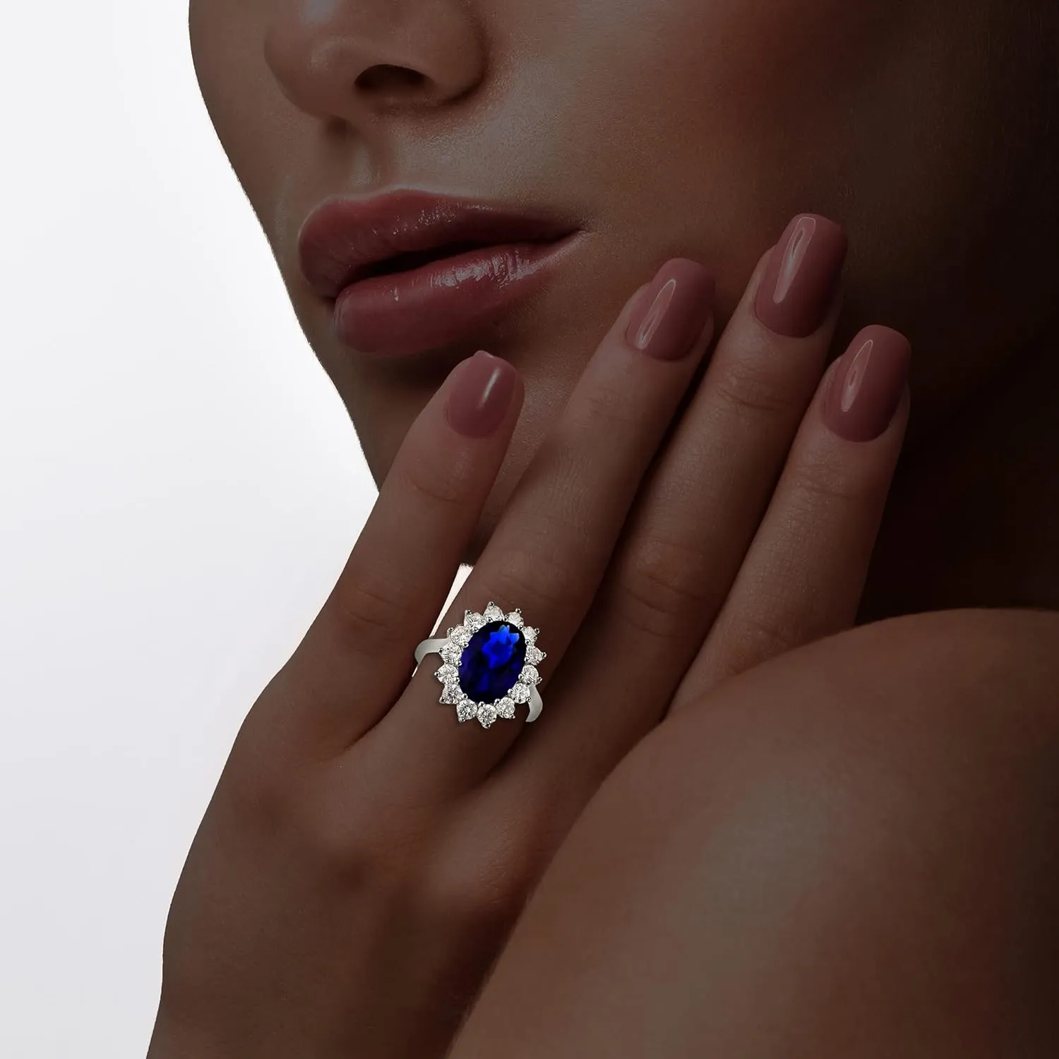 Beaux Bijoux Sterling Silver Large Oval Created Blue Sapphire and Clear Cubic Zirconia Statement Bridal Engagement Princess Diana/Kate Middleton Royal Ring