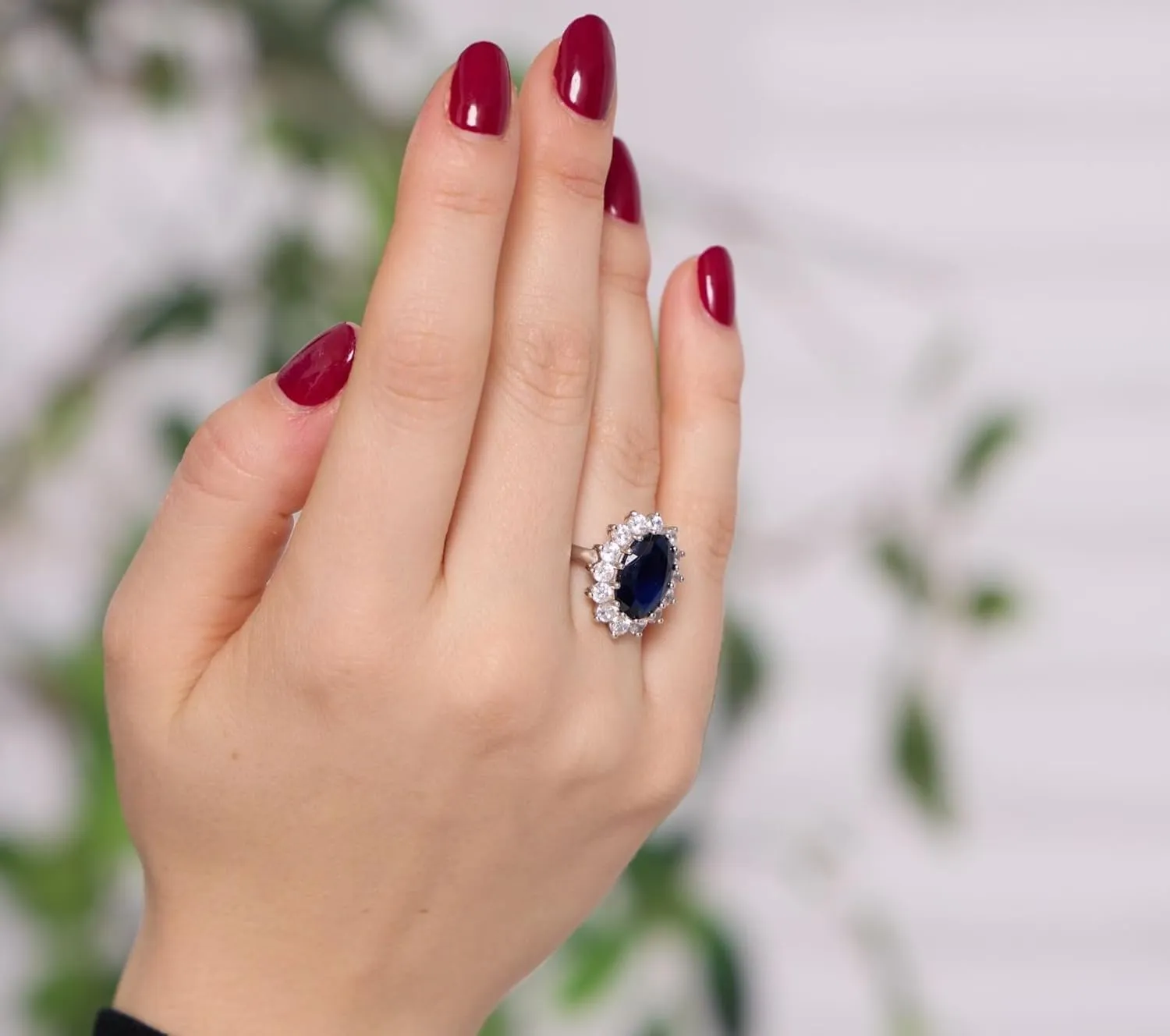 Beaux Bijoux Sterling Silver Large Oval Created Blue Sapphire and Clear Cubic Zirconia Statement Bridal Engagement Princess Diana/Kate Middleton Royal Ring
