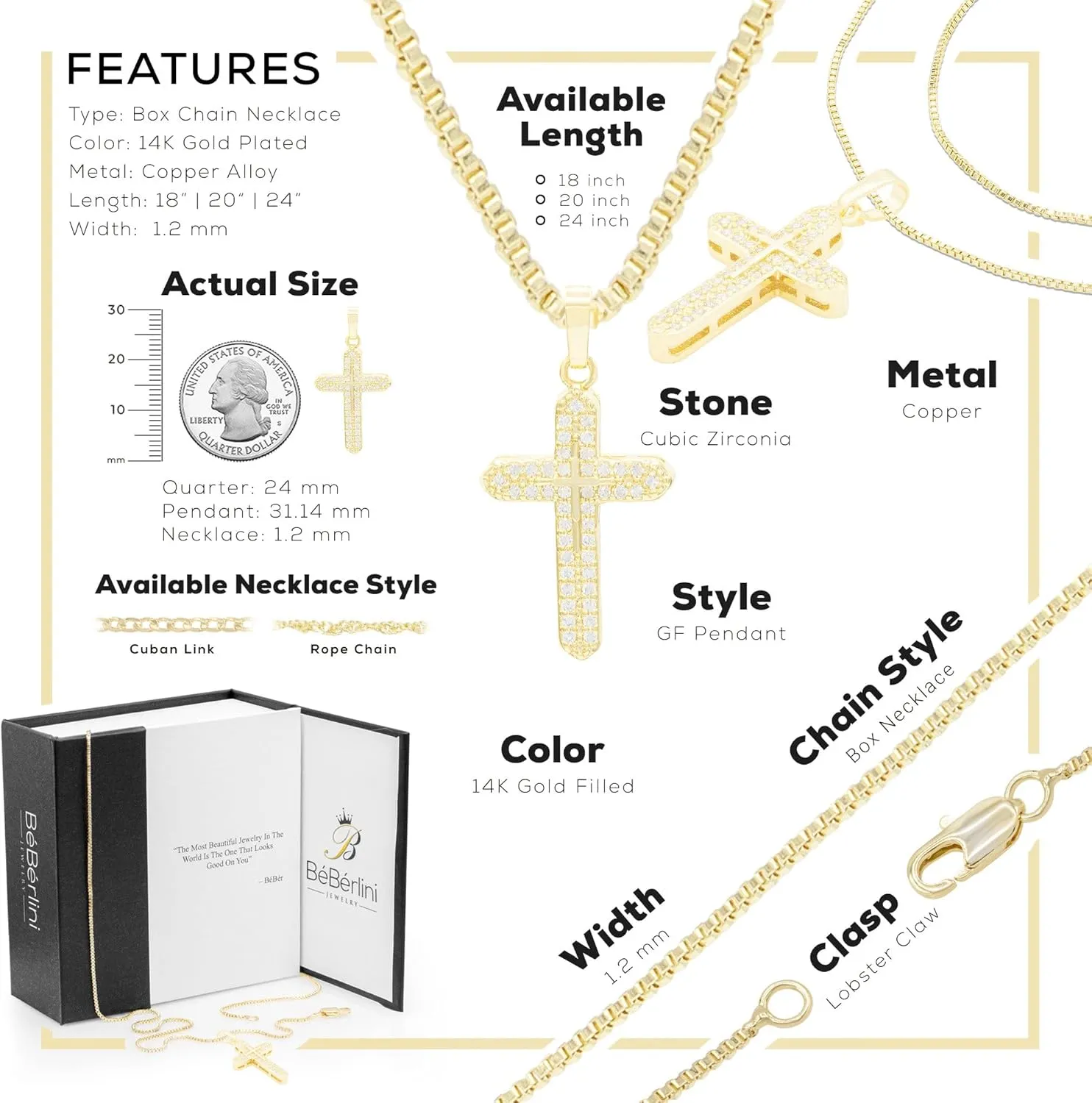 BEBERLINI Cross Cubic Zirconia Pendant 14K Gold Filled Rope Box Cuban Chain Necklace Set Fashion Jewelry Gift For Women 18 20 24