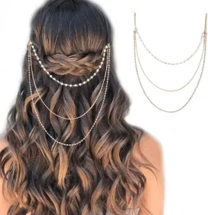 BeeSpring Crystal Head Chain Jewelry Pearl Gold Hair Bridal Headpiece Hair Accessories for Women