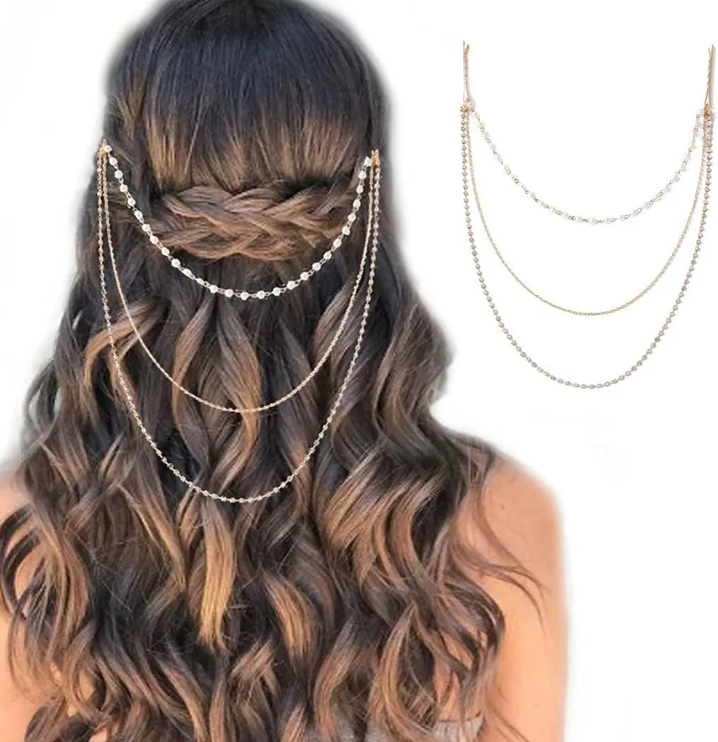 BeeSpring Crystal Head Chain Jewelry Pearl Gold Hair Bridal Headpiece Hair Accessories for Women