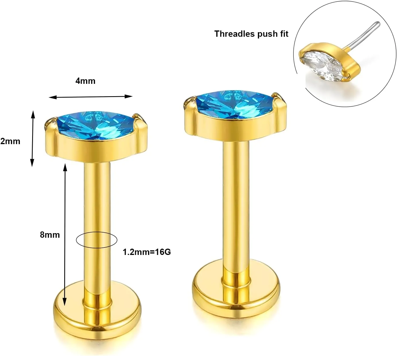 BelezaDosas G23 Titanium Labret Studs 16G Threadless Push-in Press Fit Lip Cluster Tragus Helix Lobe Conch Rook Medusa Cartilage Monroe Earring Push Back Piercing Jewelry