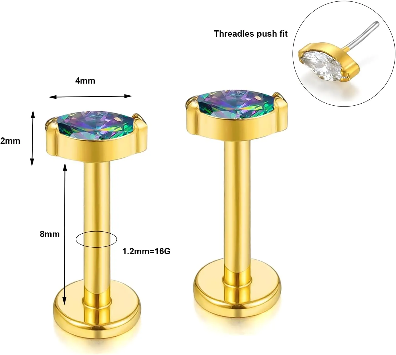 BelezaDosas G23 Titanium Labret Studs 16G Threadless Push-in Press Fit Lip Cluster Tragus Helix Lobe Conch Rook Medusa Cartilage Monroe Earring Push Back Piercing Jewelry