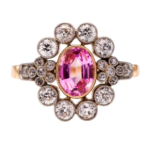 Belle Époque, synthetic peach sapphire and diamond cluster ring, 14ct yellow gold