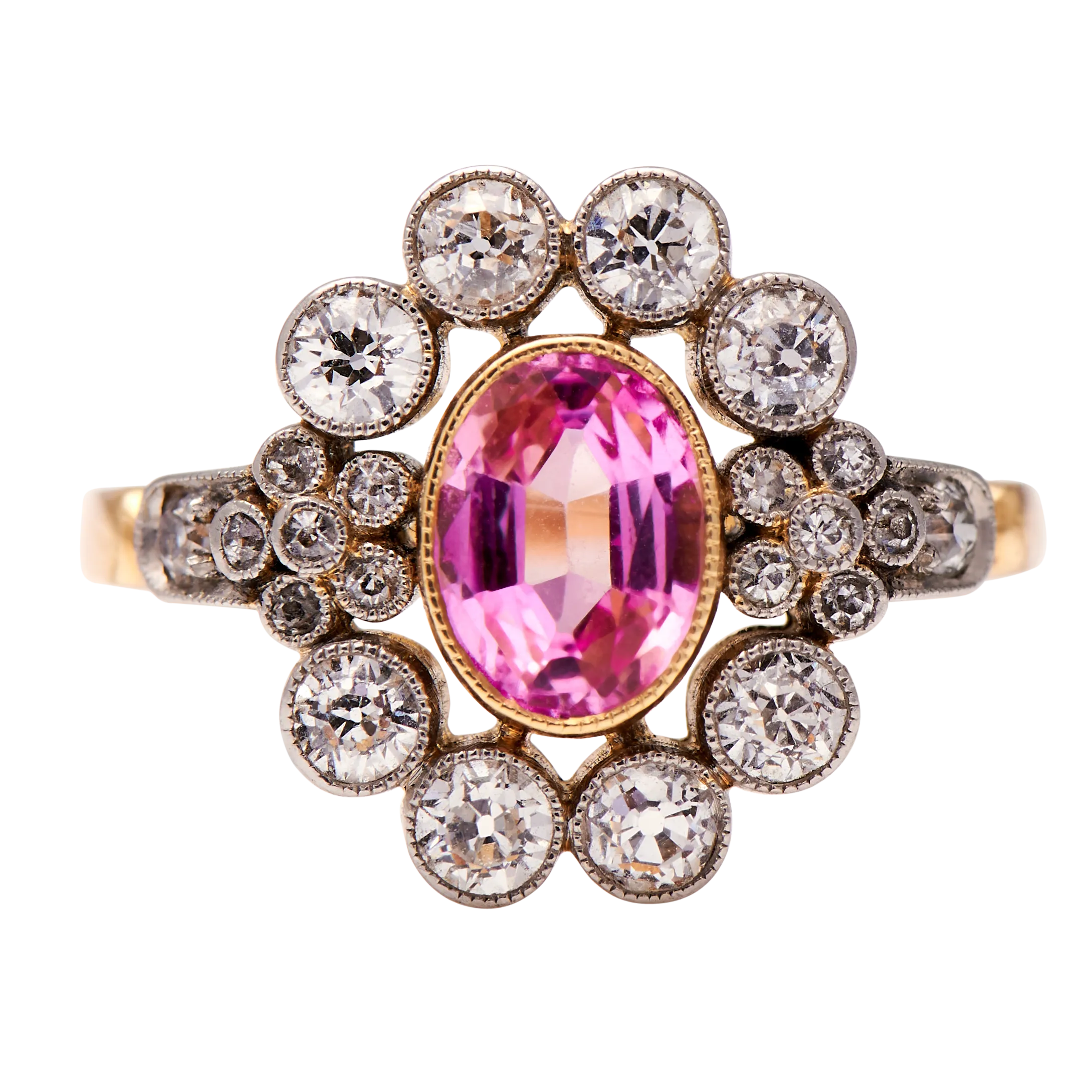Belle Époque, synthetic peach sapphire and diamond cluster ring, 14ct yellow gold