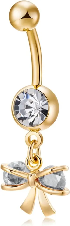 Belly Ring Gold Surgical Steel, Bowknot Belly Button Ring 14 Gauge Surgical Steel Cubic Zirconia Belly Button Rings Elegant