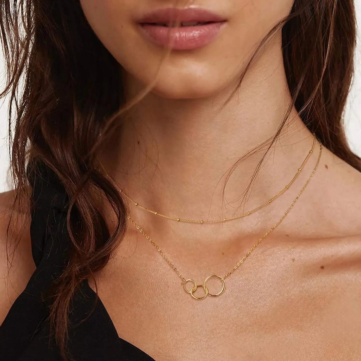 Bemoly Multilayered Necklace for Women, 14K Gold Plated Chain Choker Hammered Coin Bar Dainty Y Pendant Long Necklace 3 Layered Choker Necklace Simple Costume Jewelry