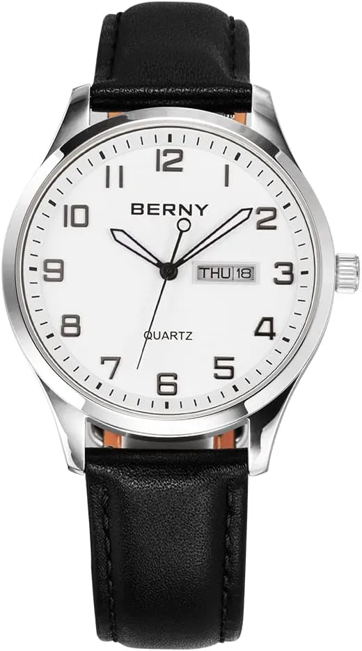BERNY Men's Easy Reader Watch Standard Analog Display Quartz Leather Strap Wristwatch Classic Elegant Day-Date Watch for Men