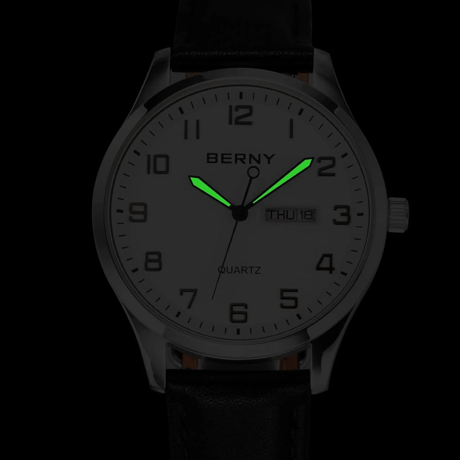 BERNY Men's Easy Reader Watch Standard Analog Display Quartz Leather Strap Wristwatch Classic Elegant Day-Date Watch for Men