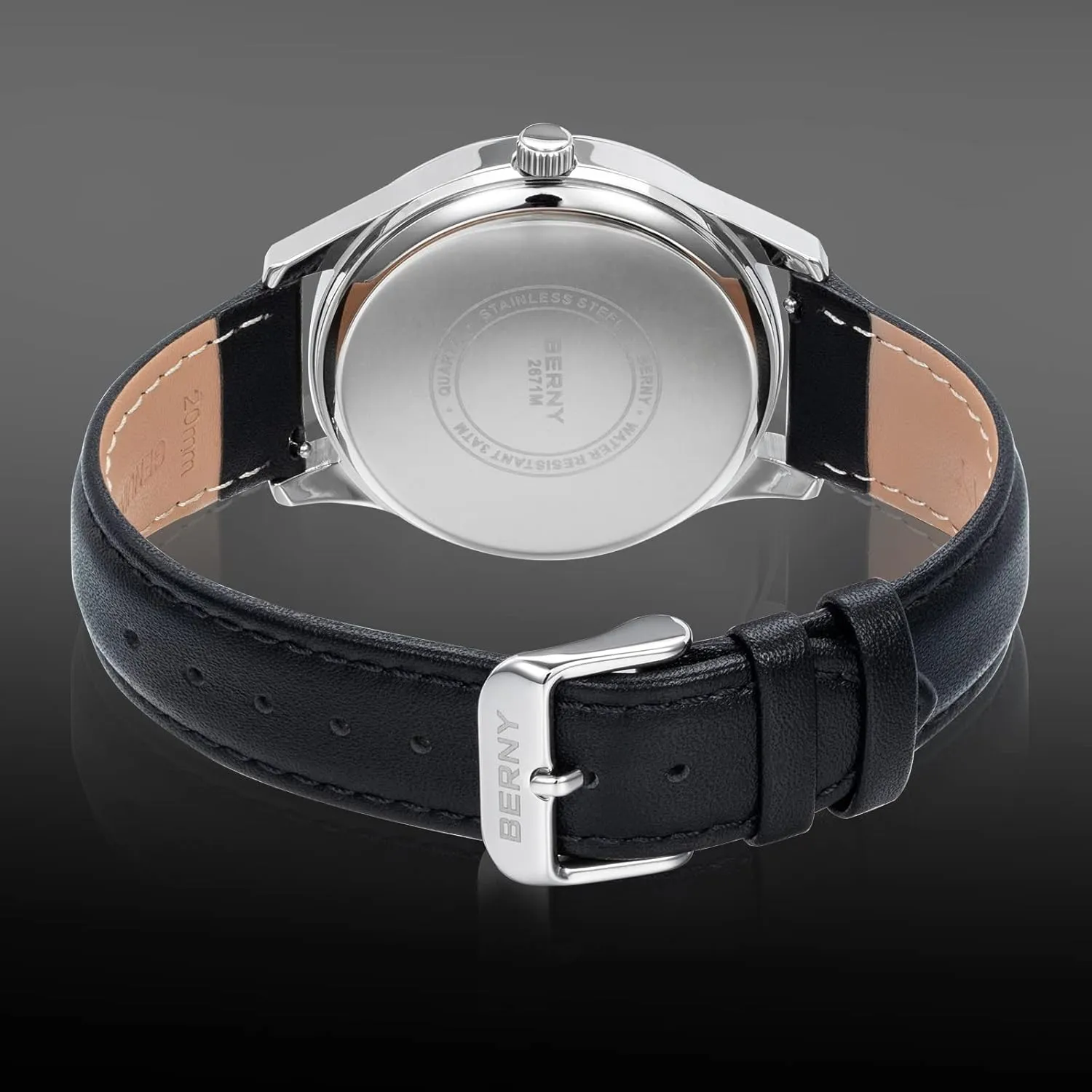 BERNY Men's Easy Reader Watch Standard Analog Display Quartz Leather Strap Wristwatch Classic Elegant Day-Date Watch for Men