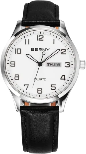 BERNY Men's Easy Reader Watch Standard Analog Display Quartz Leather Strap Wristwatch Classic Elegant Day-Date Watch for Men