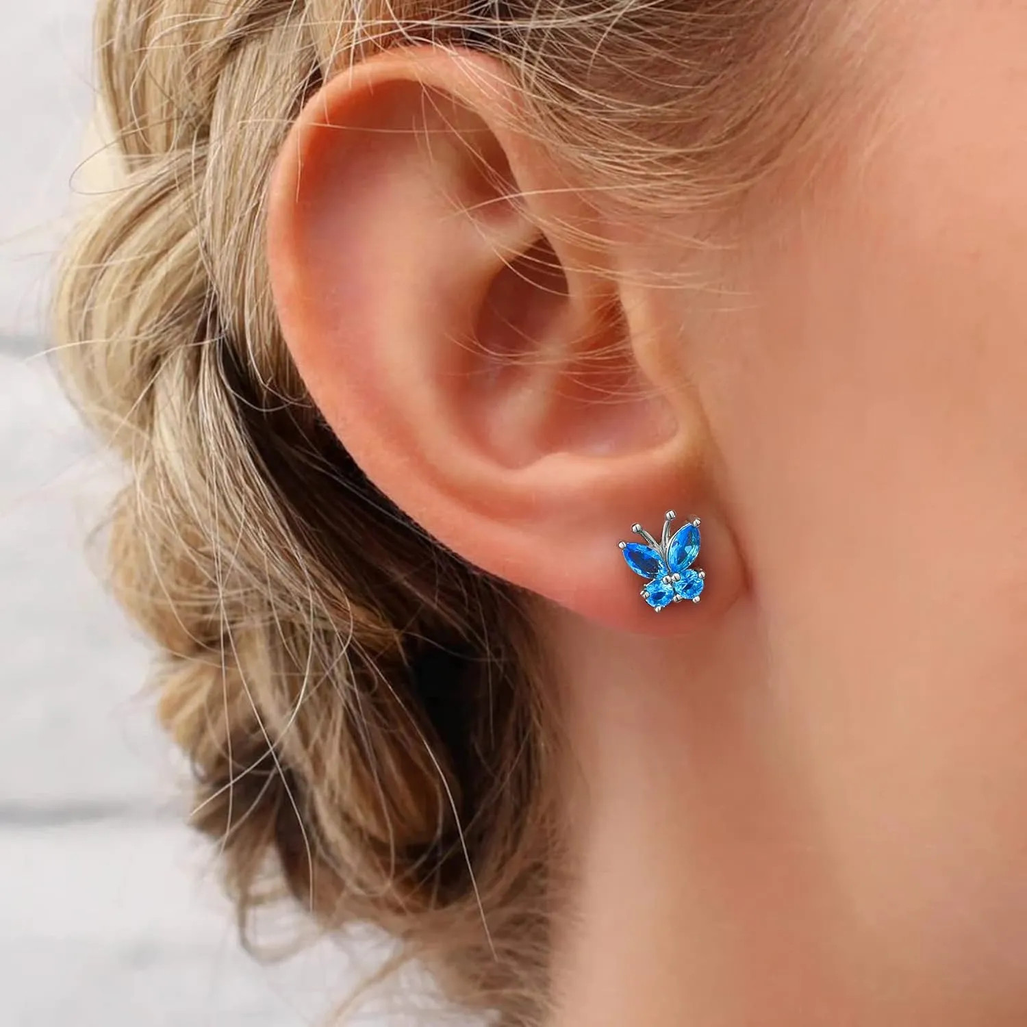 Bestyle Sterling Silver Butterfly Earrings for Women, Dainty Cute Birthstone Studs Hypoallergenic Jewelry, Great Birthday Gift