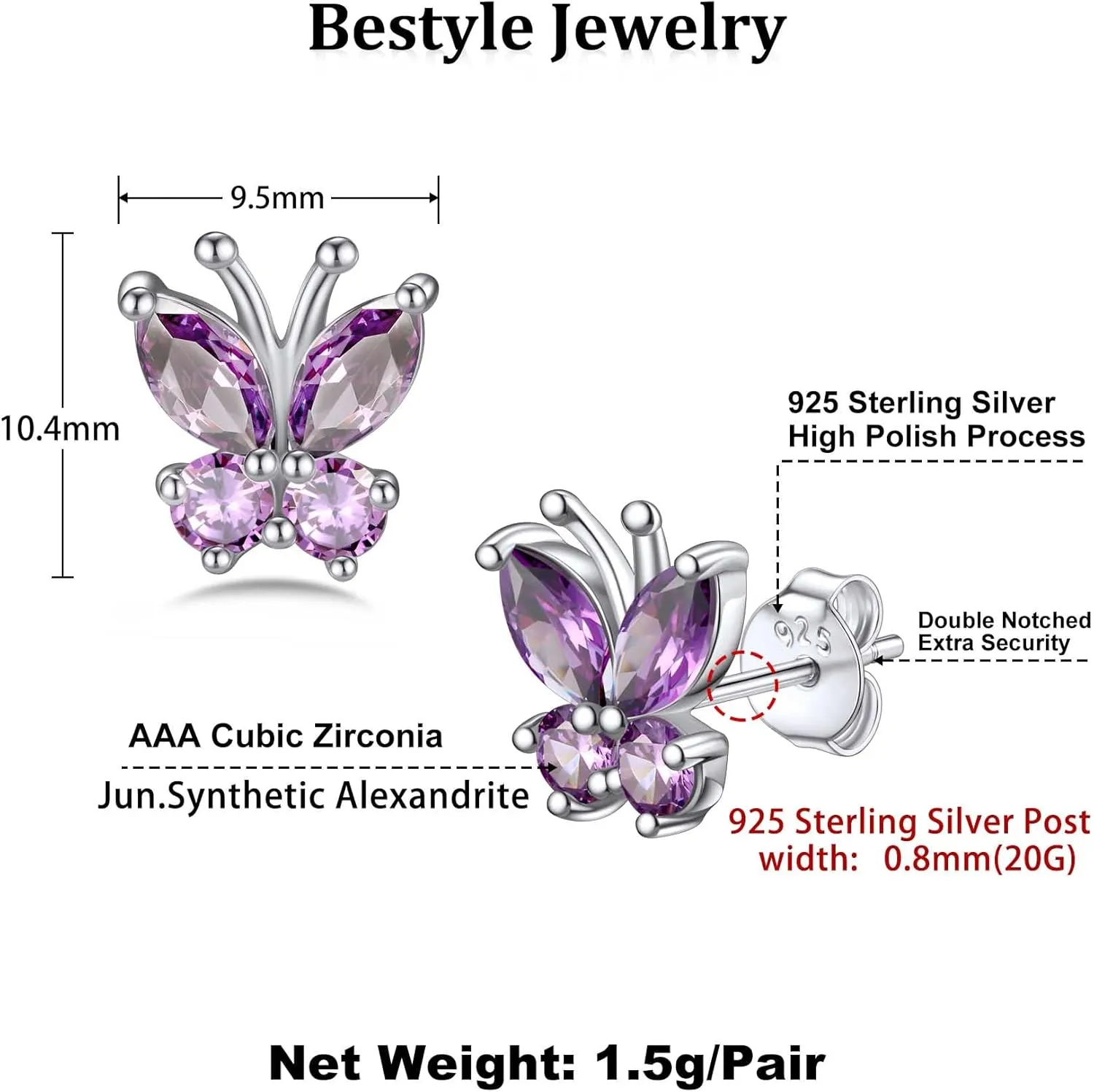 Bestyle Sterling Silver Butterfly Earrings for Women, Dainty Cute Birthstone Studs Hypoallergenic Jewelry, Great Birthday Gift