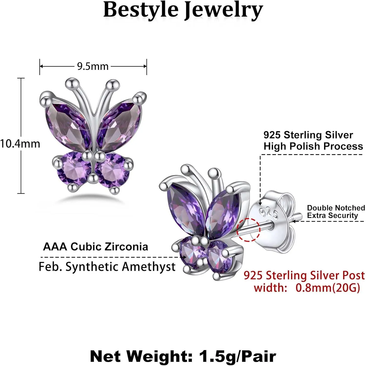 Bestyle Sterling Silver Butterfly Earrings for Women, Dainty Cute Birthstone Studs Hypoallergenic Jewelry, Great Birthday Gift