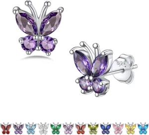 Bestyle Sterling Silver Butterfly Earrings for Women, Dainty Cute Birthstone Studs Hypoallergenic Jewelry, Great Birthday Gift