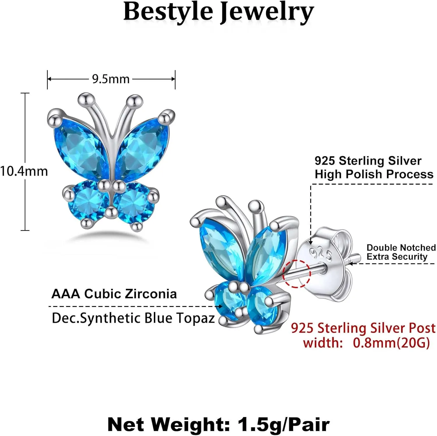 Bestyle Sterling Silver Butterfly Earrings for Women, Dainty Cute Birthstone Studs Hypoallergenic Jewelry, Great Birthday Gift