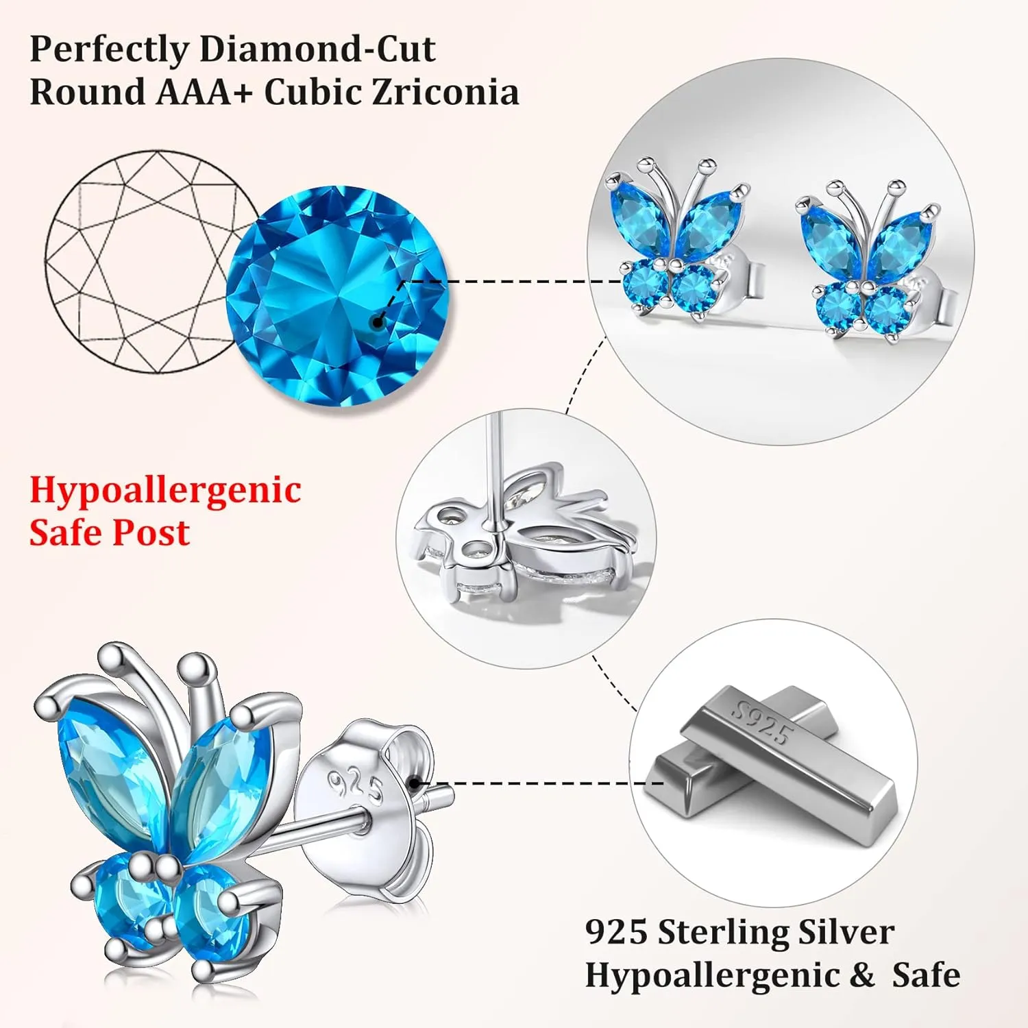 Bestyle Sterling Silver Butterfly Earrings for Women, Dainty Cute Birthstone Studs Hypoallergenic Jewelry, Great Birthday Gift