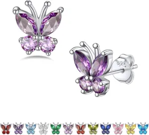 Bestyle Sterling Silver Butterfly Earrings for Women, Dainty Cute Birthstone Studs Hypoallergenic Jewelry, Great Birthday Gift