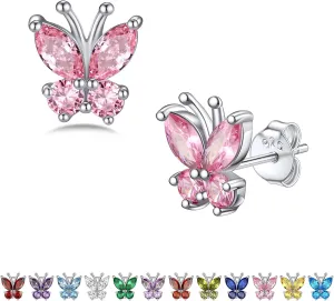 Bestyle Sterling Silver Butterfly Earrings for Women, Dainty Cute Birthstone Studs Hypoallergenic Jewelry, Great Birthday Gift