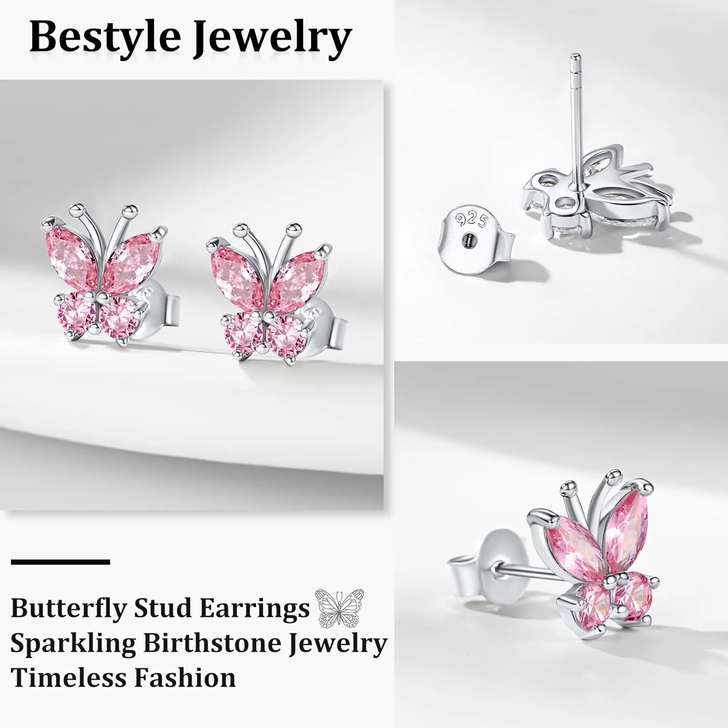 Bestyle Sterling Silver Butterfly Earrings for Women, Dainty Cute Birthstone Studs Hypoallergenic Jewelry, Great Birthday Gift