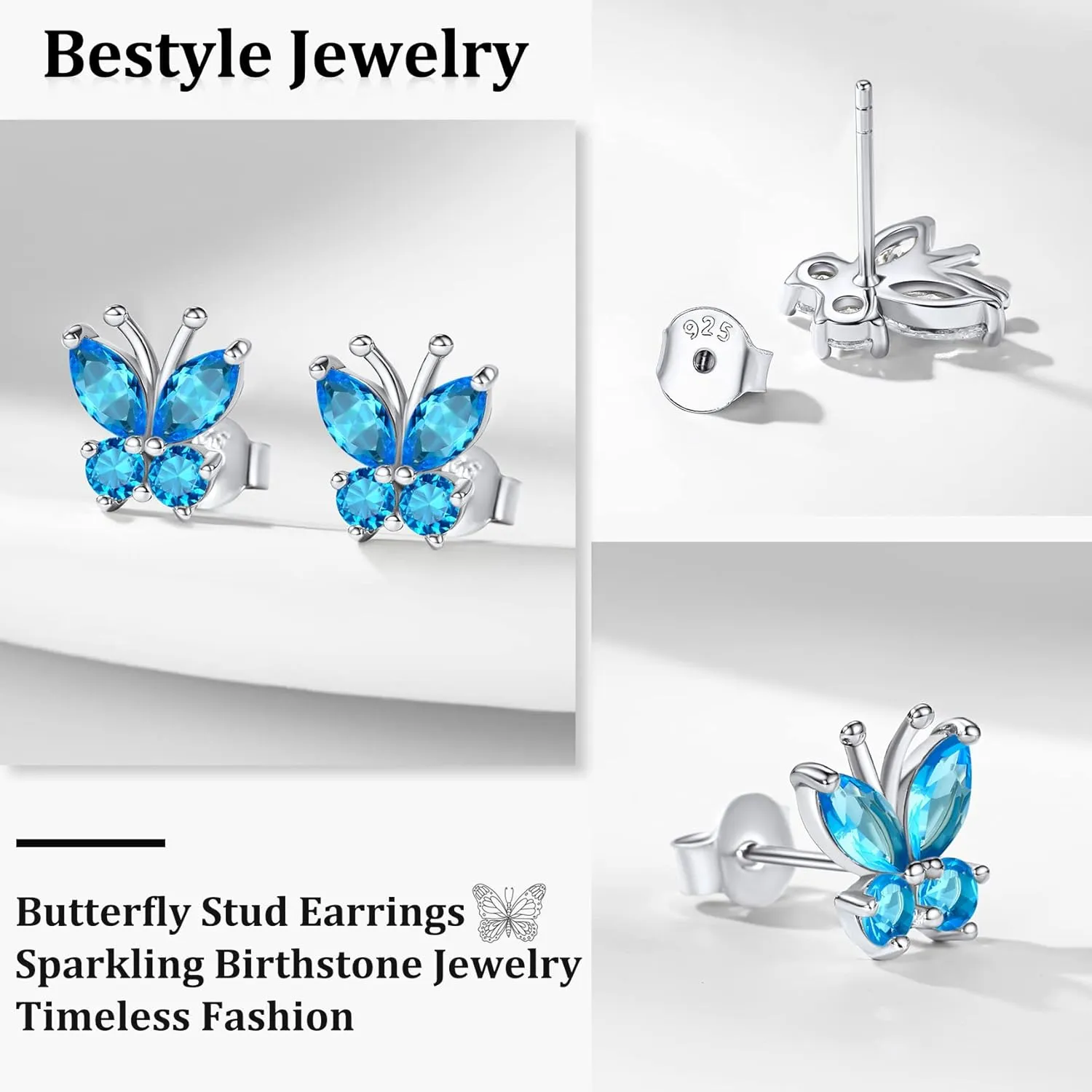 Bestyle Sterling Silver Butterfly Earrings for Women, Dainty Cute Birthstone Studs Hypoallergenic Jewelry, Great Birthday Gift
