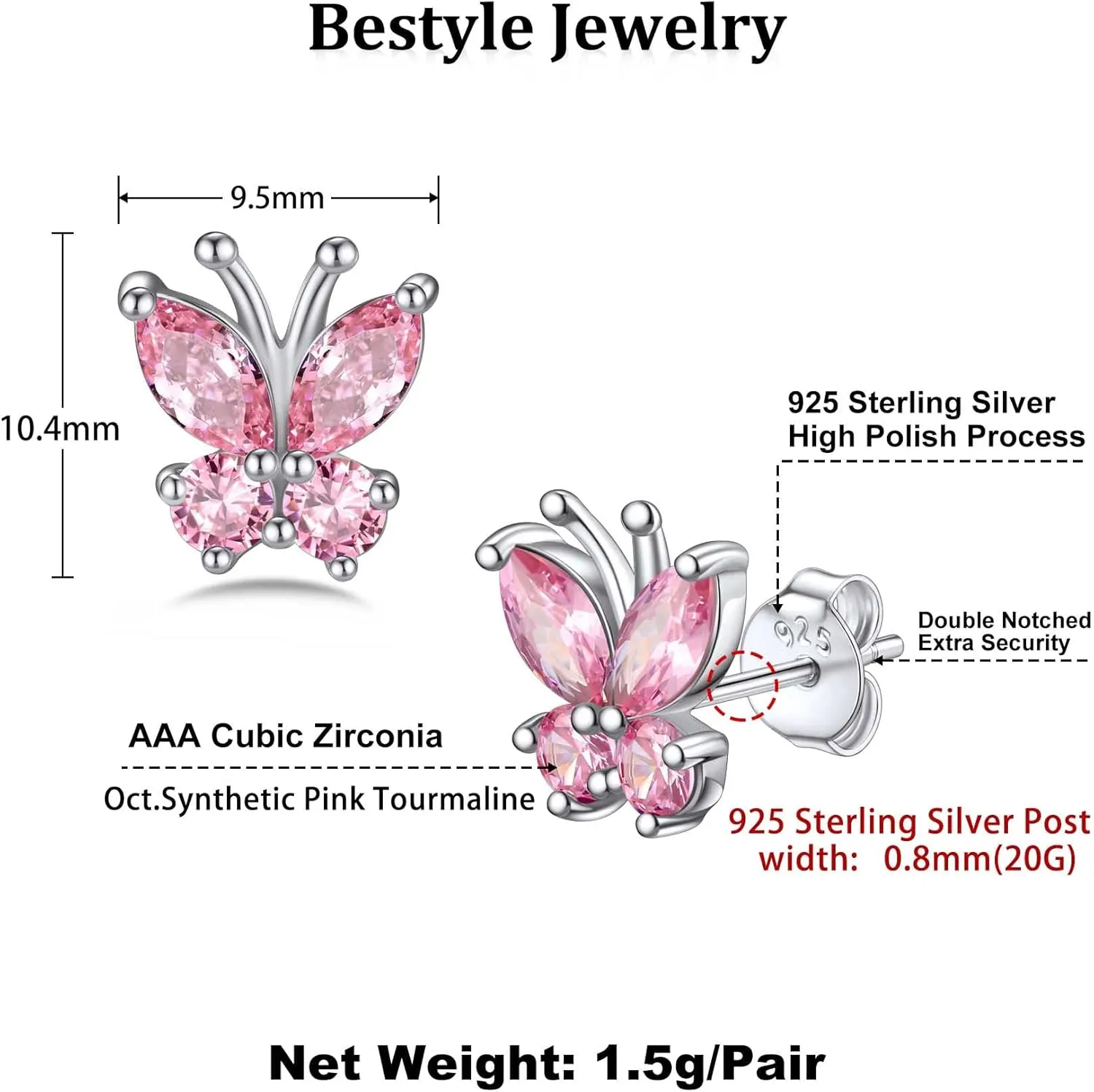 Bestyle Sterling Silver Butterfly Earrings for Women, Dainty Cute Birthstone Studs Hypoallergenic Jewelry, Great Birthday Gift