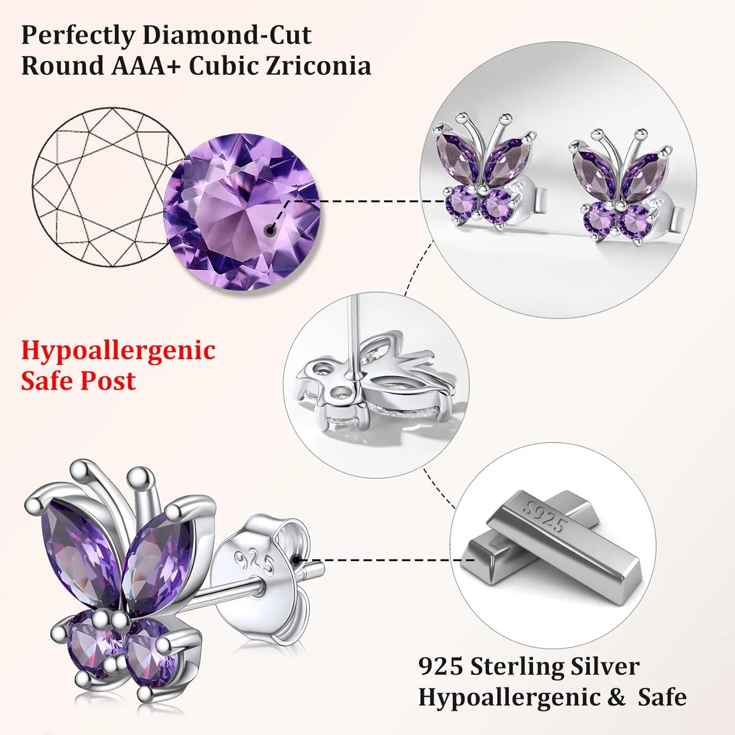 Bestyle Sterling Silver Butterfly Earrings for Women, Dainty Cute Birthstone Studs Hypoallergenic Jewelry, Great Birthday Gift