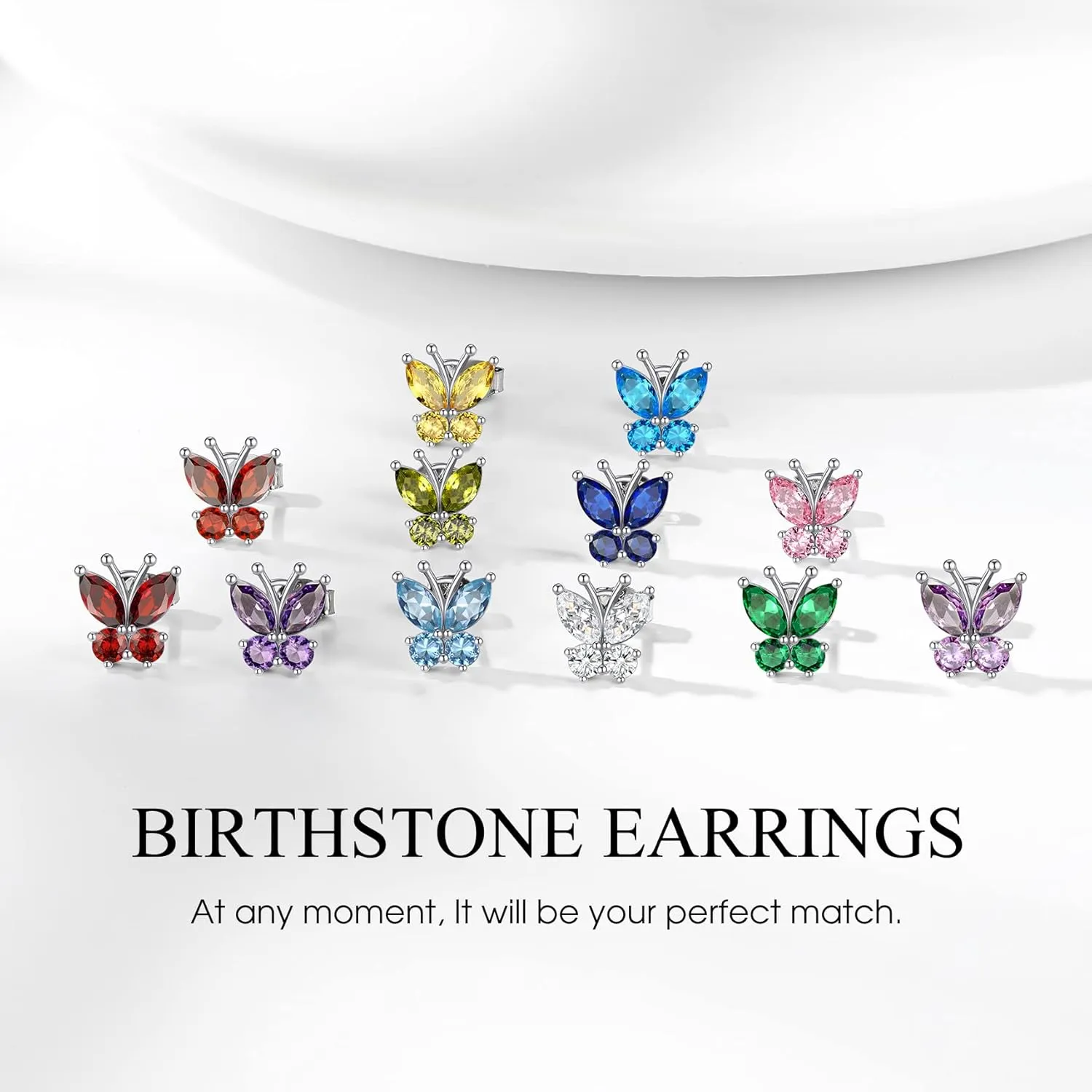 Bestyle Sterling Silver Butterfly Earrings for Women, Dainty Cute Birthstone Studs Hypoallergenic Jewelry, Great Birthday Gift