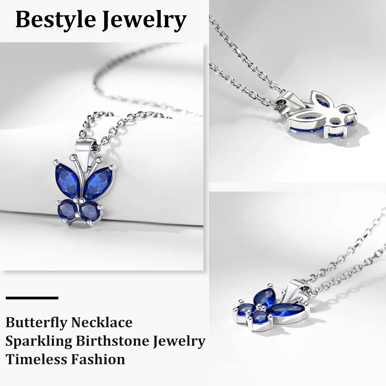 Bestyle Sterling Silver Butterfly Necklace for Women, Dainty Cute Birthstone Jewelry Ideal Valentine's Gifts for Her
