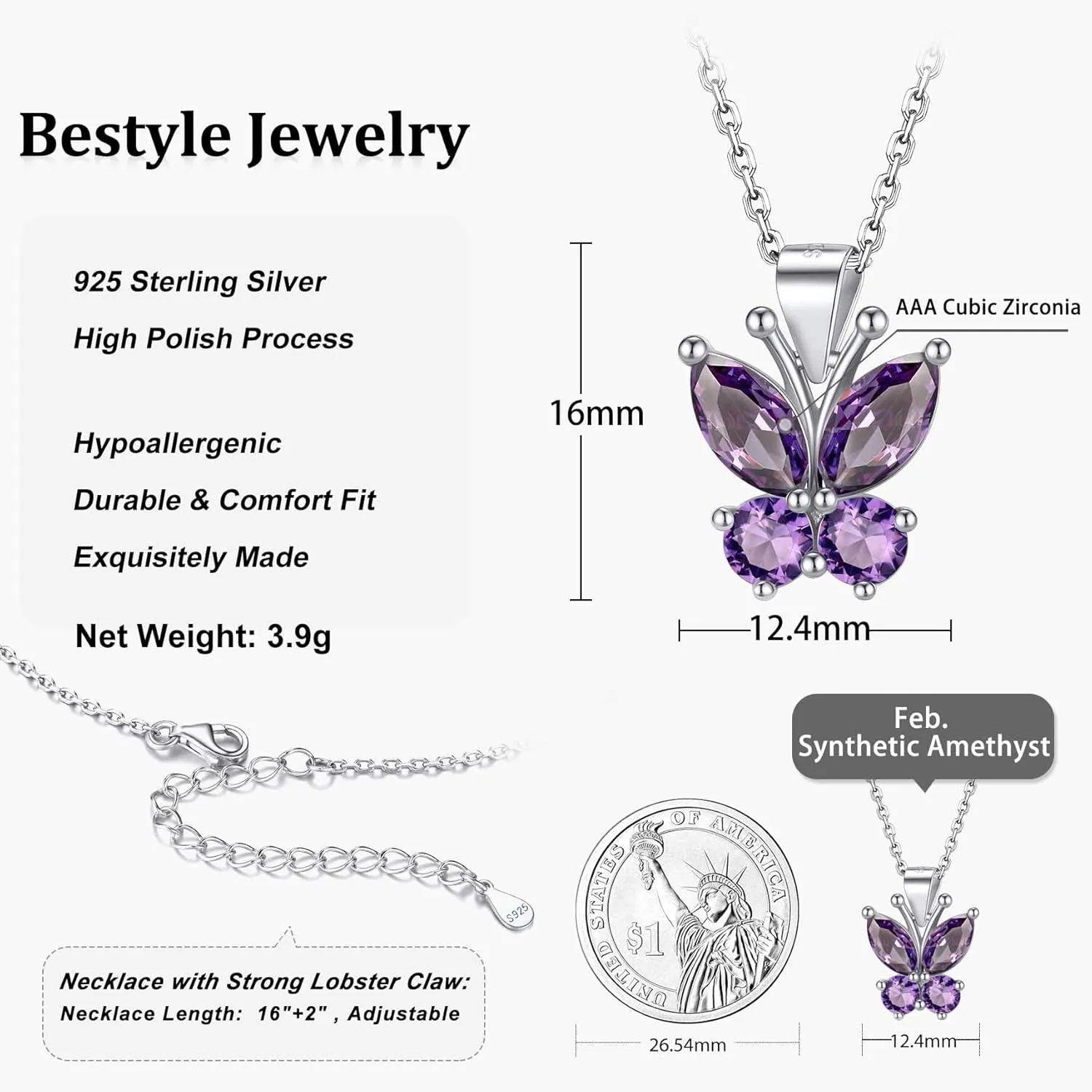 Bestyle Sterling Silver Butterfly Necklace for Women, Dainty Cute Birthstone Jewelry Ideal Valentine's Gifts for Her