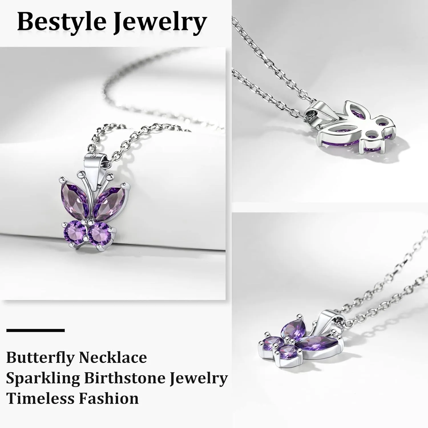 Bestyle Sterling Silver Butterfly Necklace for Women, Dainty Cute Birthstone Jewelry Ideal Valentine's Gifts for Her