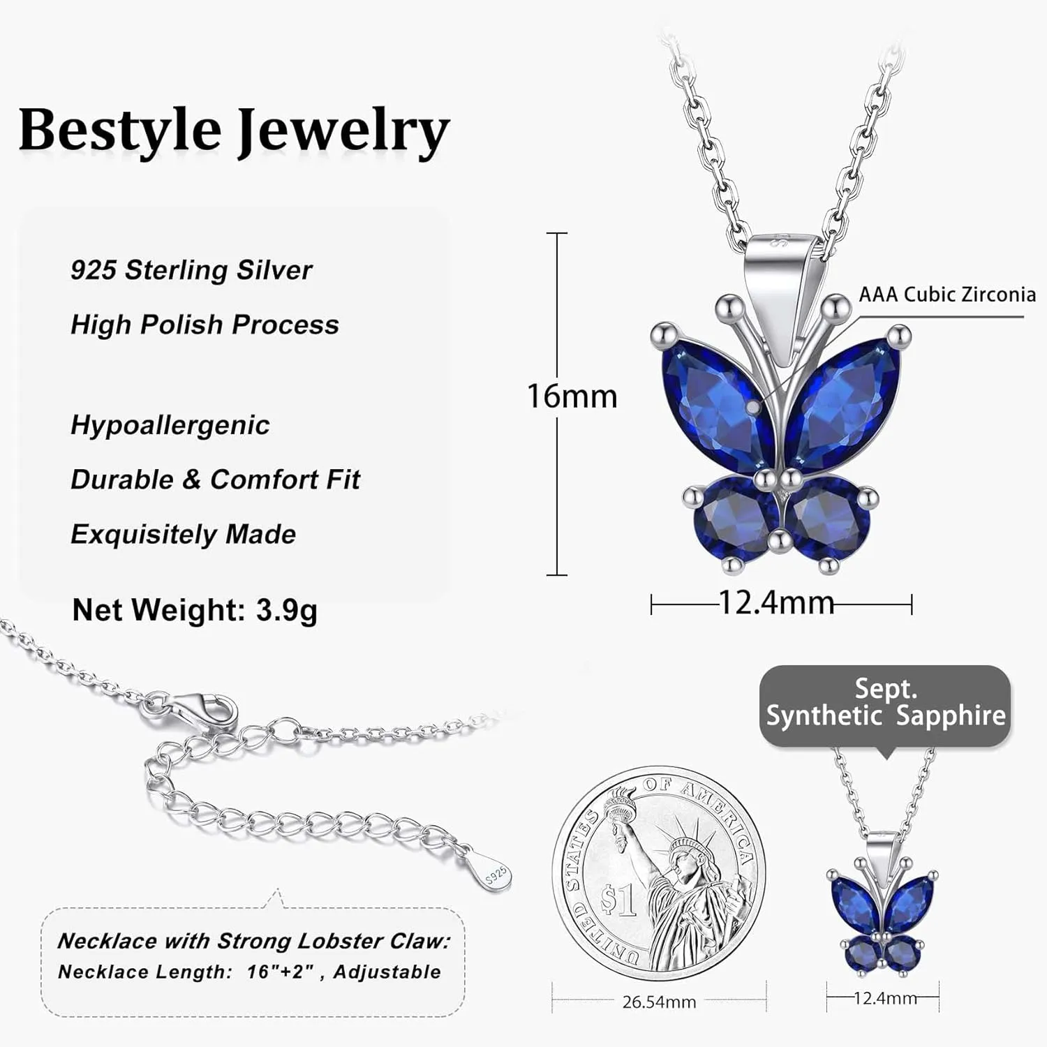 Bestyle Sterling Silver Butterfly Necklace for Women, Dainty Cute Birthstone Jewelry Ideal Valentine's Gifts for Her