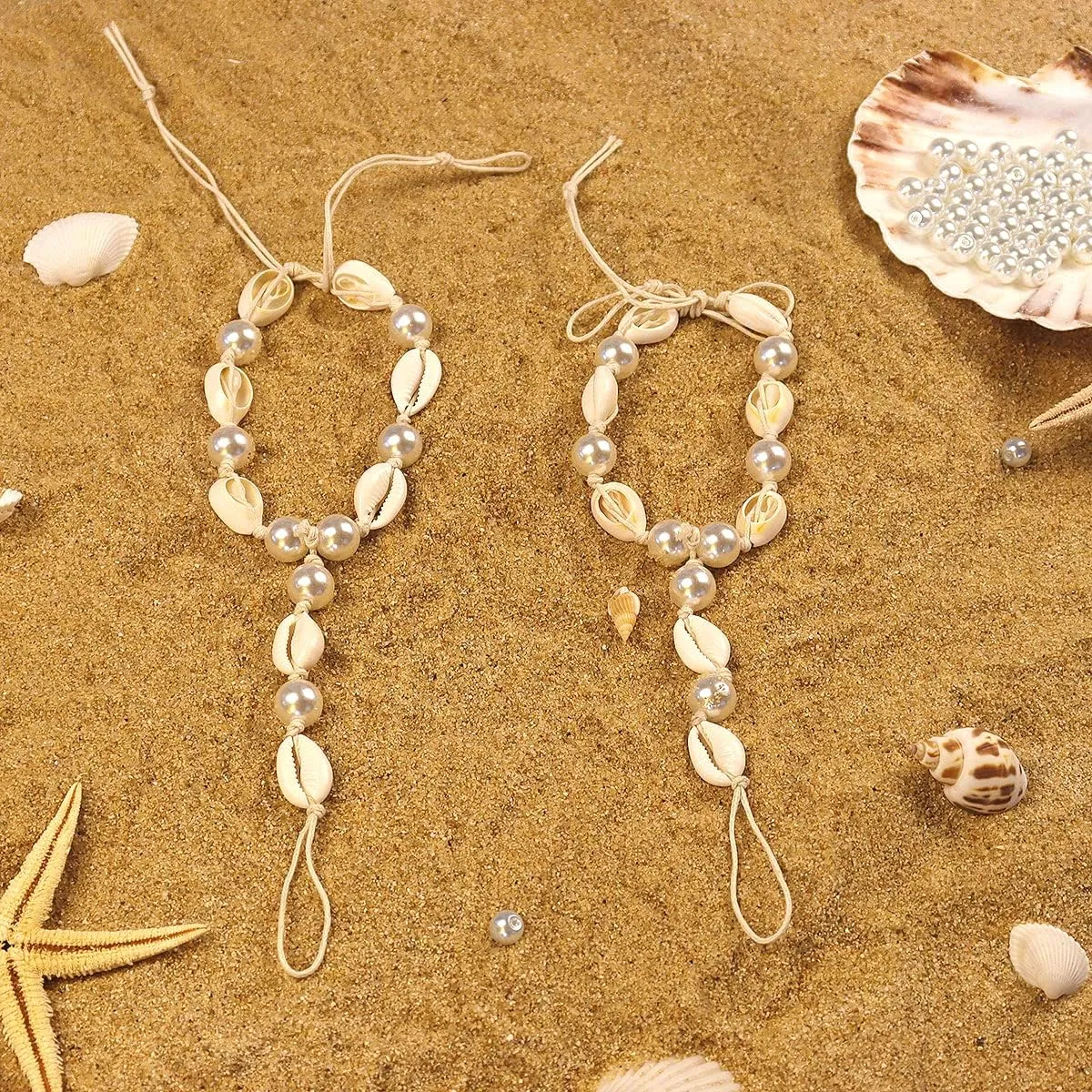 Bethynas Boho Pearl Barefoot Sandles Ankle Bracelet Crystal Starfish Anklet Chain with Toe Ring Summer Beach Beaded Foot Chain Bridal Wedding Foot Jewelry for Women Girls