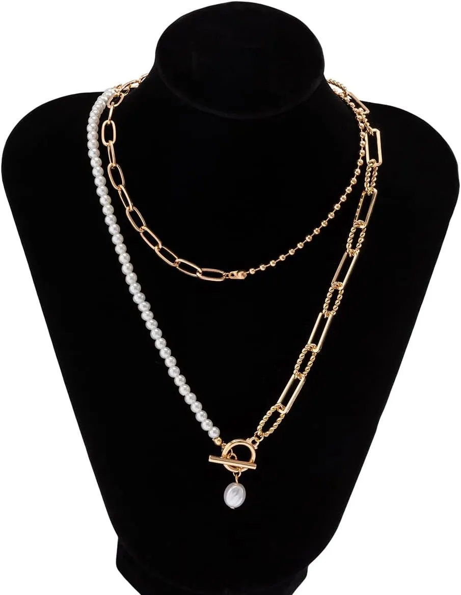 Bethynas Dainty Gold Layered Baroque Pearl OT Clasp Necklace Stacking Beaded Ball Chain Paperclip Pearl Chain Retro Necklace for Women
