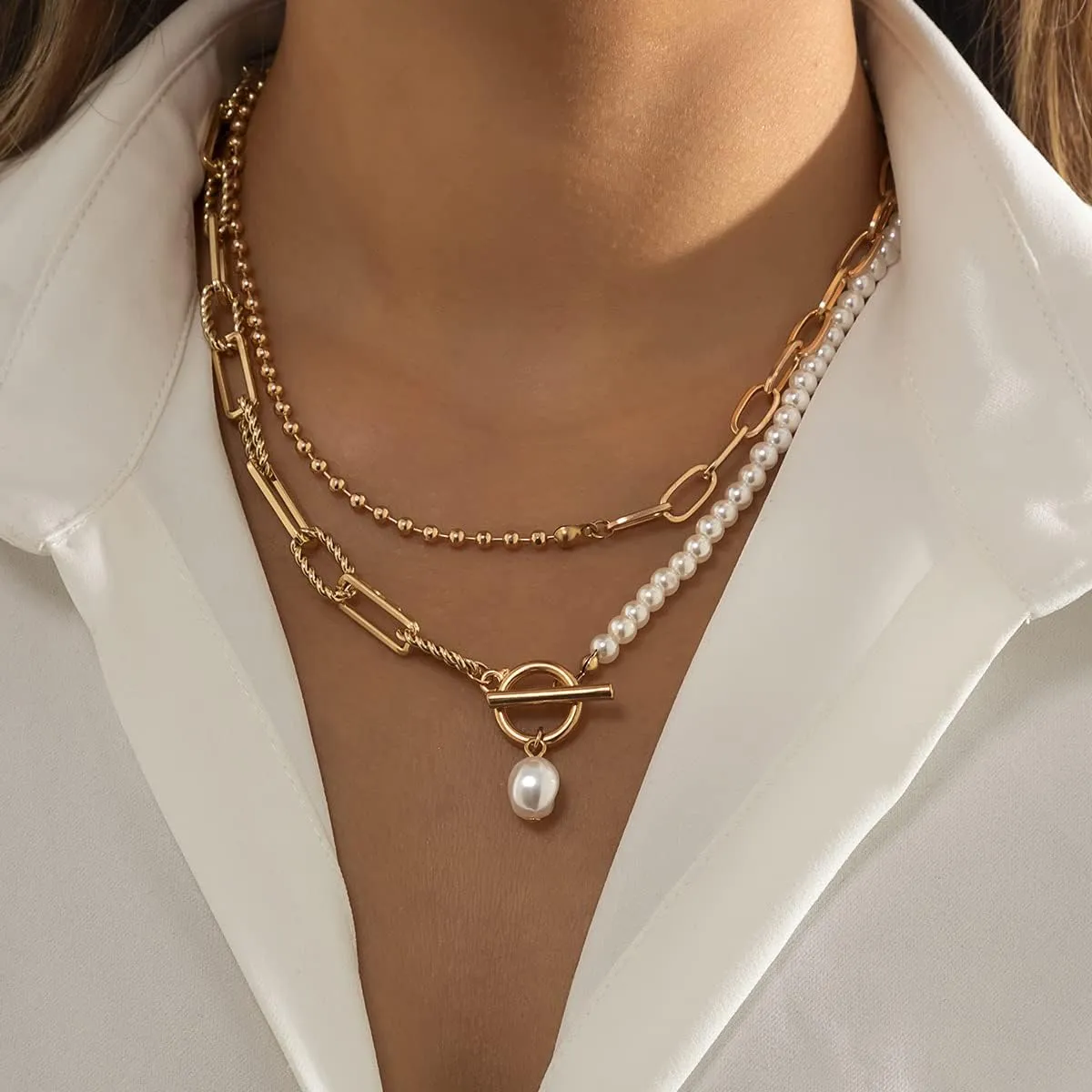 Bethynas Dainty Gold Layered Baroque Pearl OT Clasp Necklace Stacking Beaded Ball Chain Paperclip Pearl Chain Retro Necklace for Women