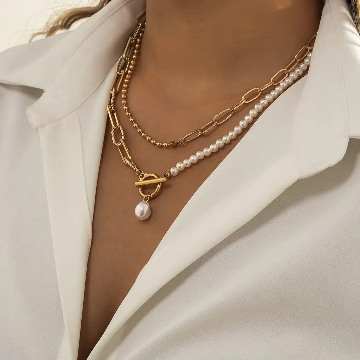 Bethynas Dainty Gold Layered Baroque Pearl OT Clasp Necklace Stacking Beaded Ball Chain Paperclip Pearl Chain Retro Necklace for Women
